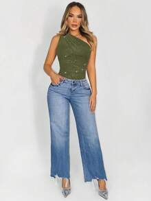 Zolique Solid Color Oblique Shoulder Fitted Sleeveless Bodysuit, Summer - Army Green - View 4