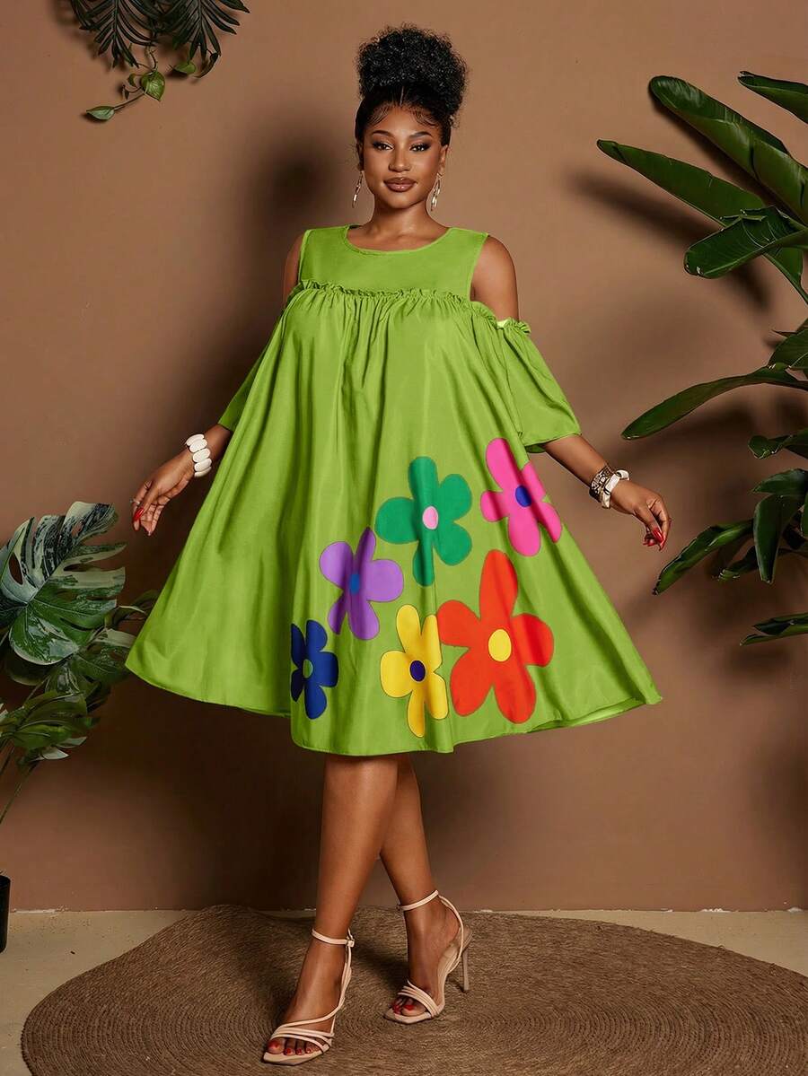 Maweii Summer Off-Shoulder Round Neck Cartoon Floral Casual Vacation Dress - Green - View 1