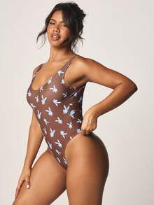 Missguided x Playboy One Piece Bunny Print V Neck Regular Strap Swimsuit With Padded Bust Support And Full Coverage Bottom - Brown - View 3