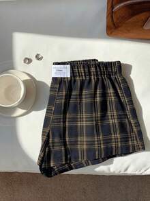 Comfortcana Quần short kẻ caro dáng rộng, cạp chun, đa năng cho mùa hè. - Màu vàng - Xem 5