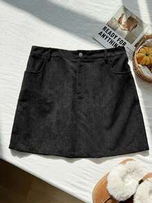 SHEIN EZwear Saia curta preta de tecido plano para mulheres plus size - Preto - Ver 8