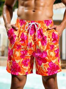 Azuldrift Men's Orange Floral Summer Boho Beach Holiday Holiday Print Drawstring Swim Trunks,Hawaiian Couples Matching Swimwear All Over Print Beachwear - Multicolor - View 3