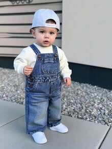 SHEIN 幼儿男童复古蓝色牛仔宽松背带裤 - 中等水洗藍 - 查看 8