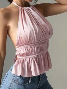 SHEIN EZwear Women's Pink Satin Backless Camisole, Valentine's Day Ladies Camisole - Pink - View 5