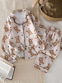 少女睡衣套装 - 两件套，泰迪熊印花，纽扣翻领长袖上衣，长裤，松紧腰带，滚边装饰，中性米色系，可爱睡衣，四季皆宜，2026年假日必备礼物 - 彩色 - 查看 1