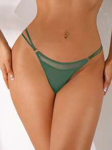 NudeFit 1pc Solid Color Sexy Waist Strap Mesh Splice Women's G-String Panty - Dark Green - View 2