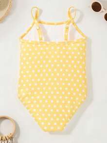 TOM & JERRY X SHEIN Young Girl Cute Polka Dot Cartoon Graphic One-Piece Swimsuit - Yellow - View 2