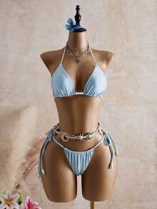 Bellisia Bộ bikini 4 món gợi cảm màu xanh bạc hà ánh kim, cổ xếp ly, thích hợp cho kỳ nghỉ hè 2022, đi biển. - màu xanh lá - Xem 2