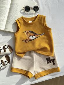 SHEIN 2件套男婴夏季休闲可爱卡通熊图案连帽背心和短裤套装，儿童服装 - 彩色 - 查看 9
