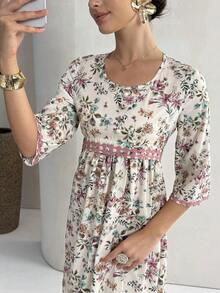 Al Najma 女士圆领褶皱长袖印花优雅收腰阿拉伯风派对连衣裙 - 彩色 - 查看 6