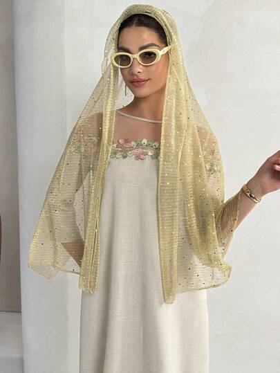 Yasmyna Women's Floral Embroidery Mesh Patchwork Casual Loose Party & Travel Long Sleeve Arabic Dress