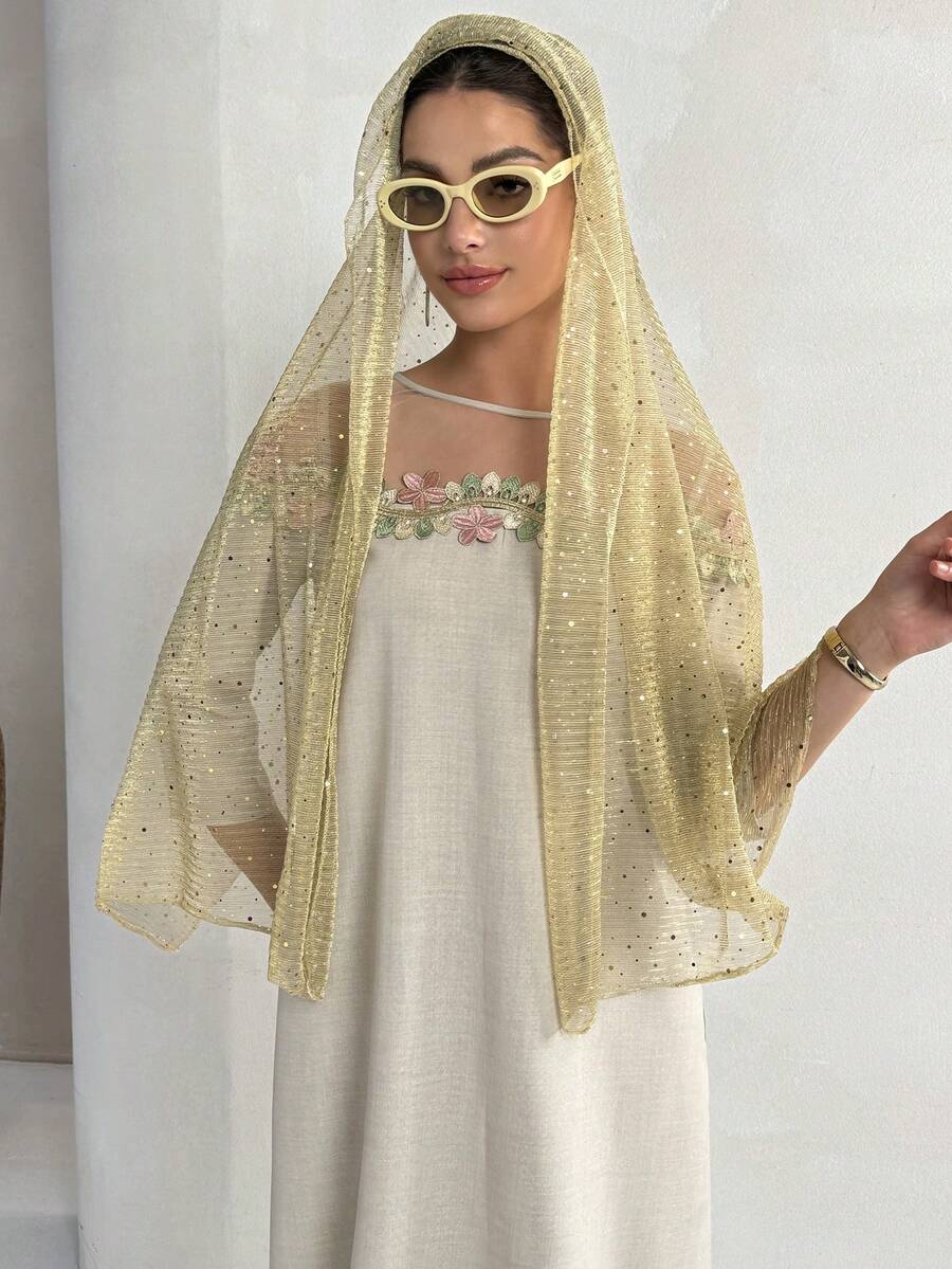 Yasmyna 女士花卉刺绣网纱拼接休闲宽松派对旅行长袖阿拉伯连衣裙 - 杏色 - 查看 1