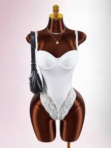 Amplova 2026 New Sexy Contrast Lace Satin Low-Cut Bodysuit For Women - White - View 3