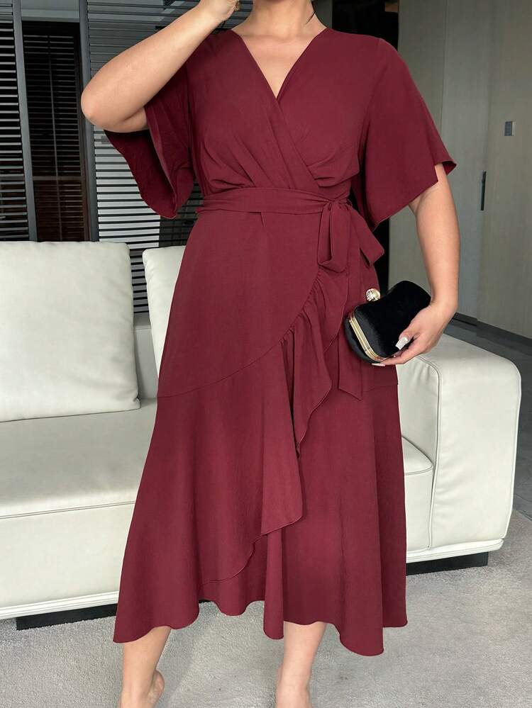 Dazy Plus Plus Size Valentine V-Neck Tie Waist Elegant Chiffon Short Sleeve Asymmetrical Hem Ruffle Trim Red Dress, Spring/Summer Maxi Dress Sundress
