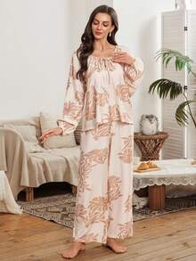Serenescape Ensemble de pyjama à manches longues avec cordon de serrage au cou, imprimé floral, léger et confortable pour le printemps/automne - Nude - Voir 4