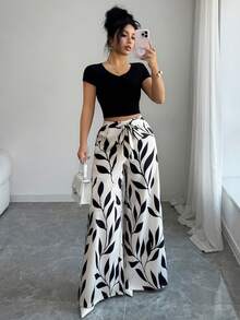 Elenzga Women's Elegant Printed High Waist Loose Wide Leg Pants, Casual Loose High Waist Extra Long Wide Leg Pants, Spring/Summer Fashion Trousers - Apricot - View 7