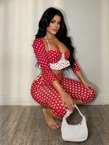 SHEIN SXY Valentine's Day Red Polka Dot Sexy Ruffle Hem 3/4 Pants Set,Spring ,Date ,Going Out ,Sexy ,Club  ,Spring ,Summer