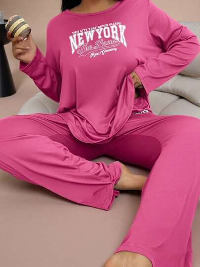 Lazeform Plus Size Letter Print Long Sleeve Top & Pants Casual Pajama Set Pink Pj Set Women Pj Sets For Women Long Sleeve Comfy Pajamas Set, Cozy Outfit, Fall Winter Clothes