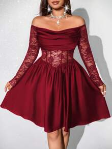 Viva Relle Đầm midi dáng chữ A màu đen, cổ xếp ly, tay dài, chất liệu satin ren phối ren khoét rỗng, dành cho nữ cỡ lớn, kiểu dáng thanh lịch, cổ điển, thường ngày, thích hợp cho tiệc tùng hoặc cocktail. - Màu Đỏ Sâu - Xem 6