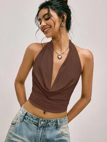 Easelle Black Knit Backless Halter Neck Camisole For Women, Suitable For Music Festivals, Spring/Summer Halter Top Backless Halter Top Backless Tops Crop Top Open Back Tops Brown Halter Top - Brown - View 6