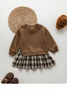 Emery Rose Kids Emery Rose Kids 少女撞色长袖休闲连衣裙，校服裙，卫衣裙，秋冬款 - 棕色 - 查看 11