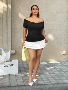 SHEIN EZwear 大碼露肩素色上衣 - 黑色 - 查看 4