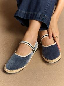 Rosivie 2026夏季新款法式方头百搭黑色镂空编织单带低帮透气舒适平底女鞋 - 藍色 - 查看 8