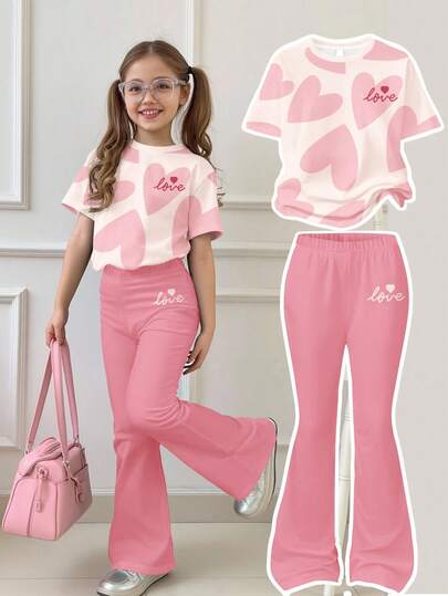 SHEIN Sweet Candy Pink, Cute Young Girl Abstract Geometric Heart Print, 2 Pieces Set Includes Casual Comfortable Round Neck Short Sleeve Top T-Shirt And Flare Pants, Suitable For Spring/Summer Daily Wear, Outings, Home, Holidays, Valentine's Day, Spring & Summer Outfits, Easy Comfort, Casual Wear, Stylish Girl, Kids Heart Graphic Clothes, New Style, Chill Chill