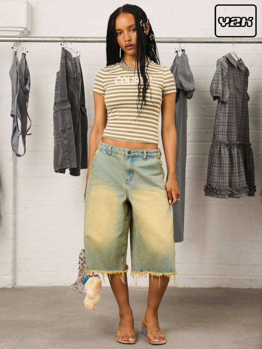 COUREZ 低腰长款水洗牛仔短裤/Y2K出街穿搭可爱性感度假装女式街头复古阔腿裤 - 淺色水洗藍 - 查看 1