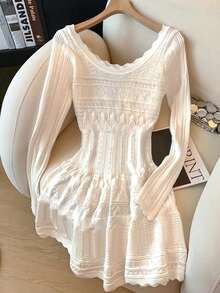 GlowEve Vestido de punto mini con manga larga, diseño de cintura calada y lazo en contraste de color para mujeres - Blanco - Ver 2