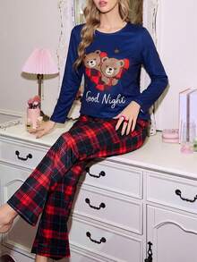 可爱卡通熊格子图案女士睡衣套装 - 彩色 - 查看 6