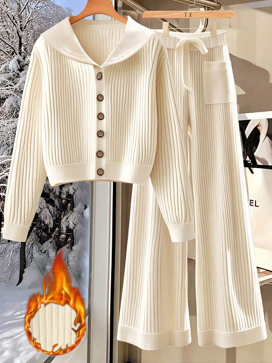 INAWLY Bộ 2 món áo nỉ và quần dài cài nút phía trước màu trơn thường ngày dành cho nữ, Thu/Đông