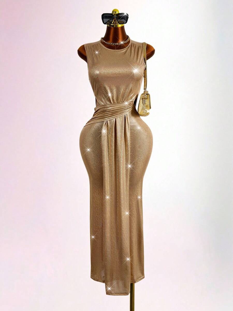 Mistrie 女士纯色亮面圆领收腰褶皱修身无袖优雅时尚连衣裙 - 金色 - 查看 1