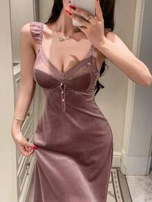 DAZY Camisón sin mangas con espalda descubierta y parches de encaje para mujeres - Púrpura polvoriento - Ver 2
