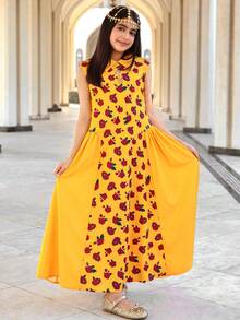 SHEIN Gaun Kasual Minimalis Nyaman Berkerah Motif Bunga Blok Warna untuk Anak Perempuan Remaja - Kuning - View 4