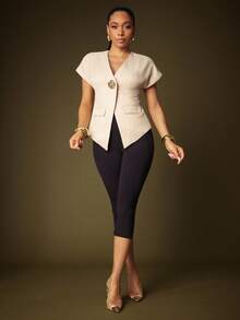 Vixey Apricot Textured Woven Tweed-Like Short Sleeve Long Line Top - Apricot - View 3