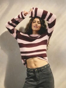 Aralina 甜美条纹毛绒针织圆领长袖舒适秋季毛衣上衣 - 彩色 - 查看 9