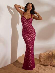 Opulessa Vacation Solid Color Knit Lace Bodycon Dress For Women,  Burgundy Lace Dress, Christmas Party, Elegant New Year's Eve Outfits, Sexy See Through Dress Sexy Date Night Dress - Burgundy - View 2