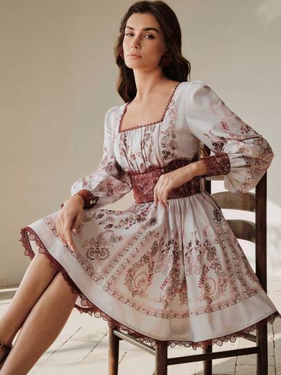 Anewsta Vestido de cóctel elegante con estampado floral vintage, encaje y parches, adecuado para el Día de San Valentín, el Día de la Mujer, el Día de la Madre, fiestas de cumpleaños, citas, de diseño de alta gama con cintura ceñida