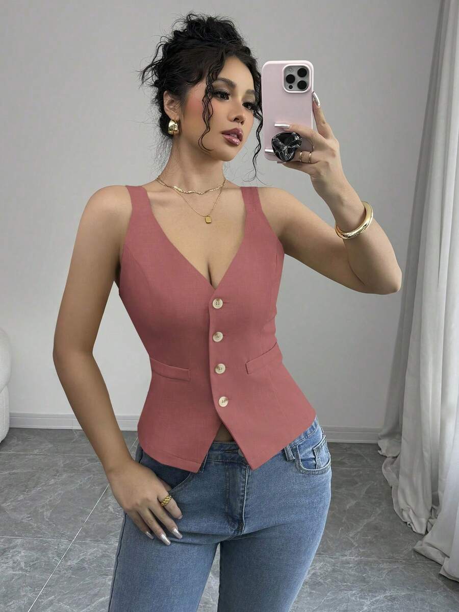 Selianne Women's Solid Color Single-Breasted Casual Versatile Thick Strap Tank Top - Pink - View 1