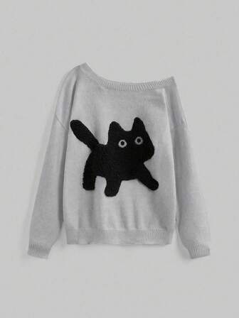 Kawaii Pull oversize femme casual mignon avec broderie de chat, col asymétrique, automne/hiver