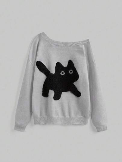 Kawaii Damen Große Größen Lässig Süße Katze Stickerei Asymmetrischer Ausschnitt Große Größen Pullover, Herbst/Winter