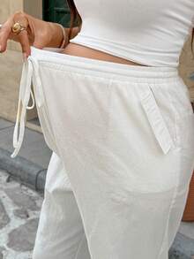 SHEIN 孕妇度假白色长裤夏季款，女士纯色抽绳腰带口袋休闲锥形裤，白色棉质透气舒适长裤 - 白色 - 查看 2