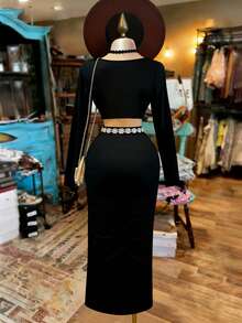 Franclia Bộ 2 món áo cổ chữ V đính kim loại, xẻ tà, phong cách lãng mạn cho nữ, thích hợp đi nghỉ mát mùa xuân/thu. - màu đen - Xem 2