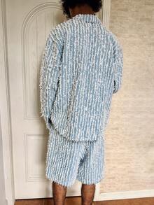 Manfinity EMRG Men's Turndown Collar Single-Breasted Frayed Hem Long Sleeve Jacket And Drawstring Waist Shorts Denim Outfit, Fashionable Casual Set Baby Blue Men Outfit - Blue - View 2