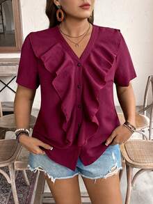 Weeklong 大码女式时尚休闲荷叶边V领短袖衬衫，修身褶皱荷叶边衬衫，优雅夏季百搭V领短袖衬衫，适合通勤、购物或与朋友聚会 - 酒紅色 - 查看 1