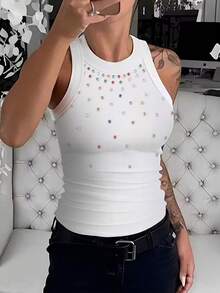 EMERY ROSE Áo tank top nữ cổ tròn, dây bản rộng, thời trang, họa tiết kim cương nhiều màu sắc. - trắng - Xem 5