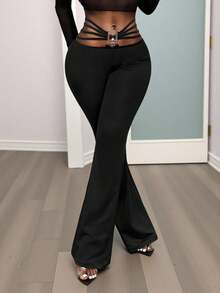 BamGleam Quần ống loe cạp chun kim loại, quần dài ống ôm vừa vặn thường ngày - màu đen - Xem 7