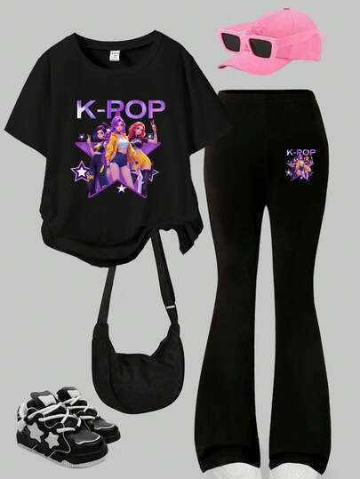 Sparklyn Tween Girl Kpop Graphic Print Crew Neck Short Sleeve Casual Comfortable Black T-Shirt And Black Flare Pants Set, Suitable For Winter, Everyday Wear, Outings