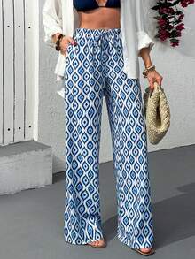 EURMUSE 女士蓝白印花阔腿裤 - 藍白色 - 查看 4